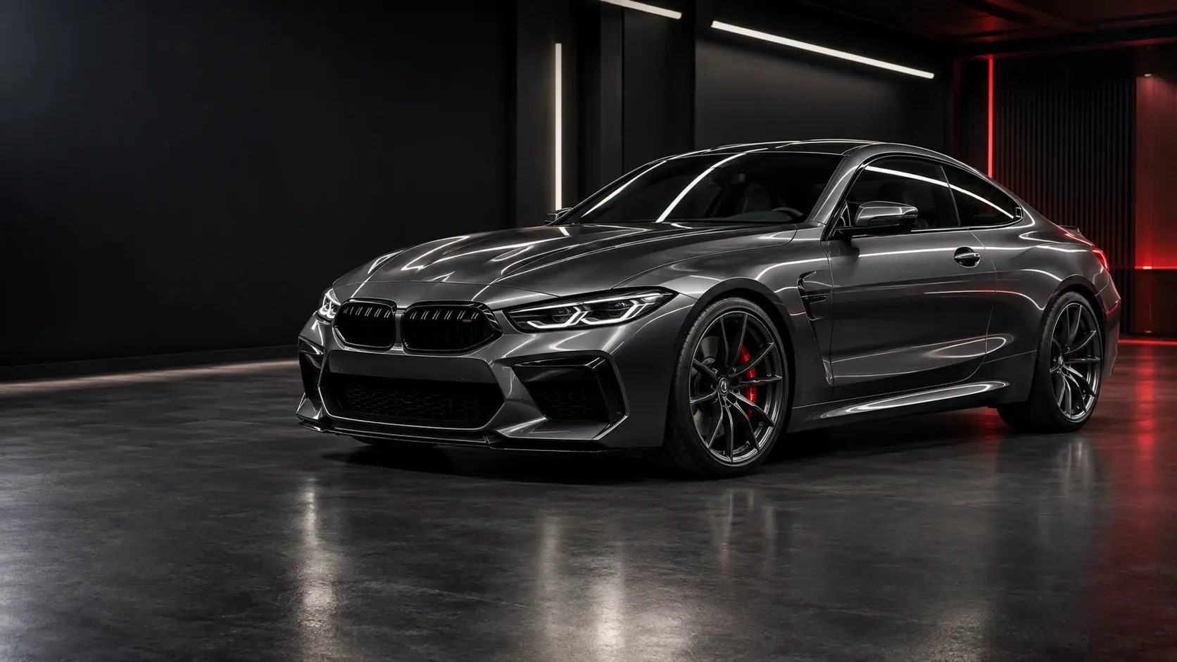 Freshly detailed graphite performance coupe under studio lighting at APEX / DETAIL