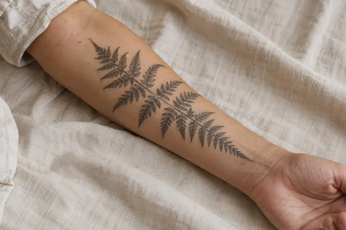 An illustrative healed fine-line fern tattoo on an adult forearm