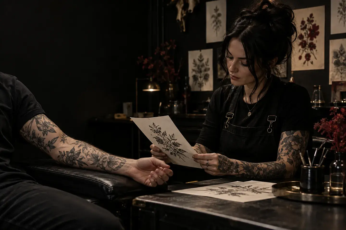 A fictional tattoo artist discussing a botanical design beside a client’s healed tattooed arm