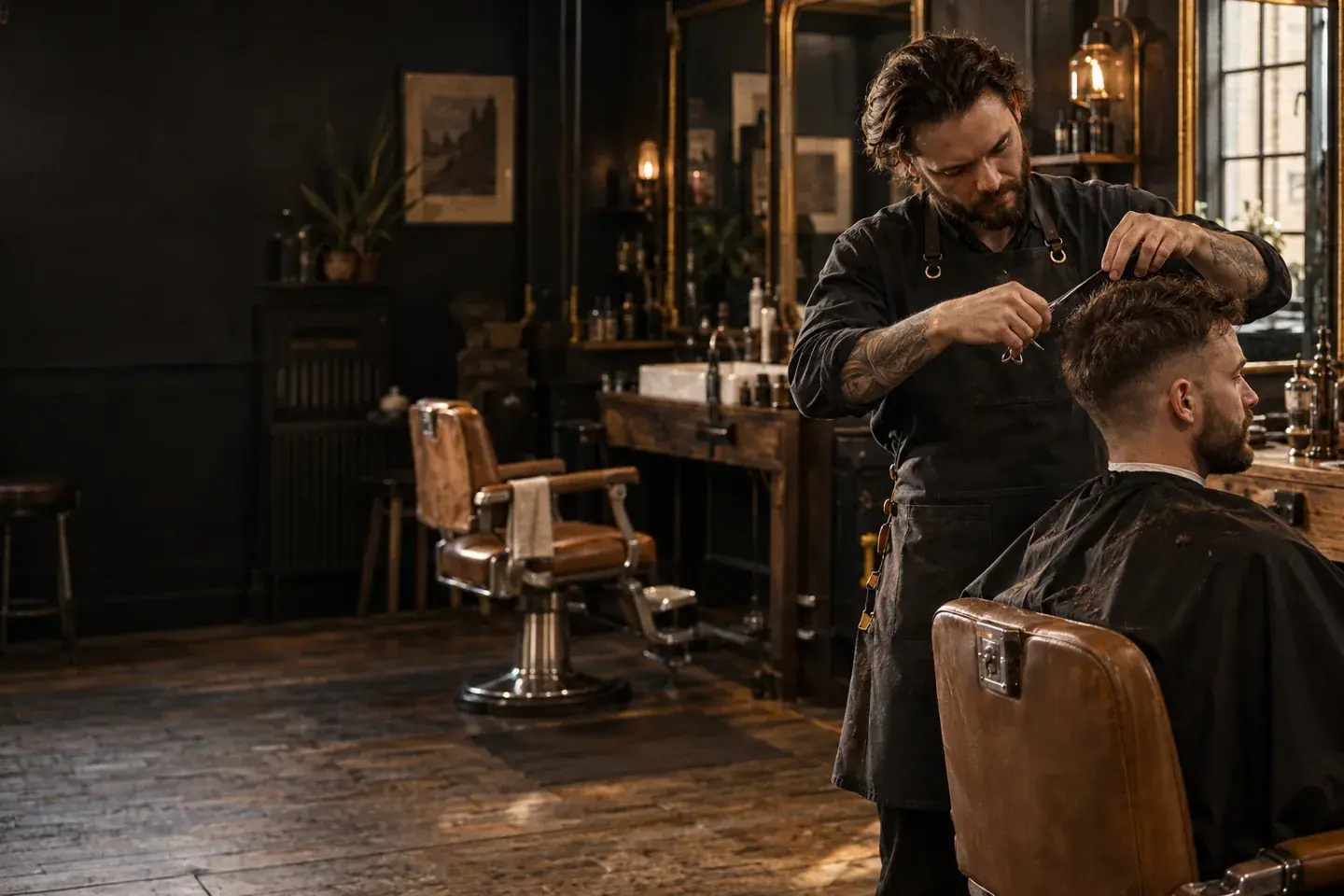 A barber carefully shaping a client’s hair in a warm, brass-accented shop