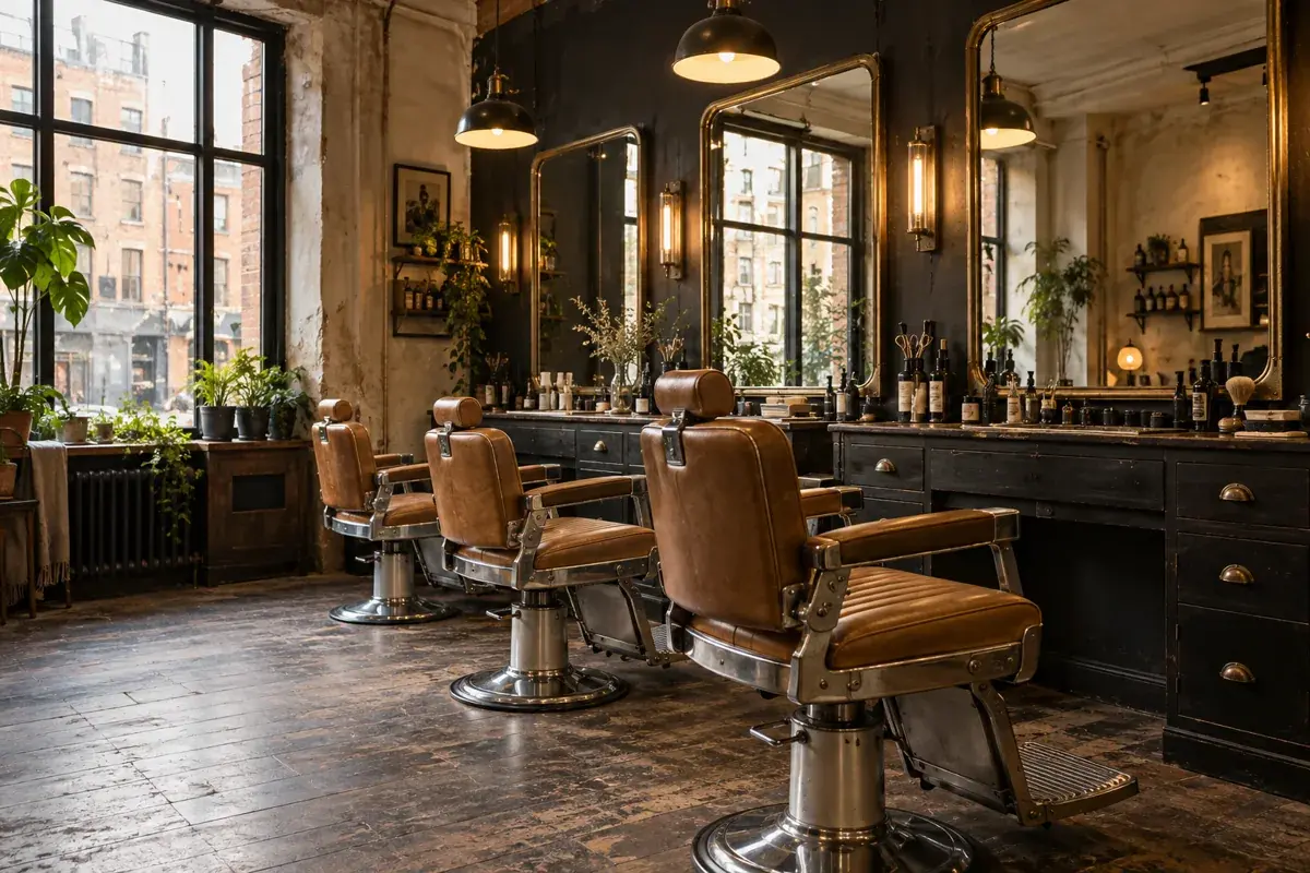 Tan leather barber chairs, brass mirrors and a light-filled cream interior