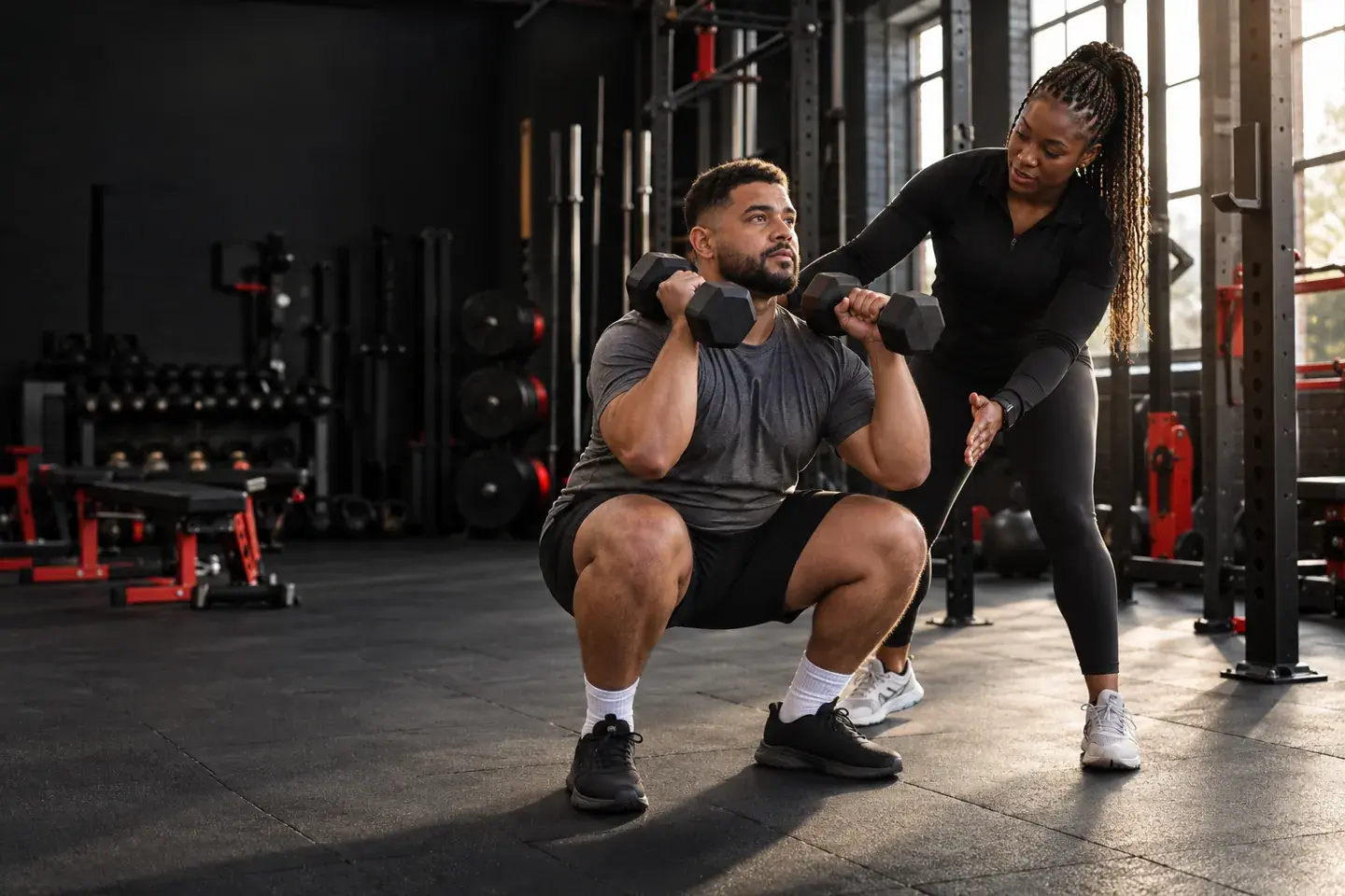 A trainer supporting a beginner through a controlled dumbbell squat in a strength studio