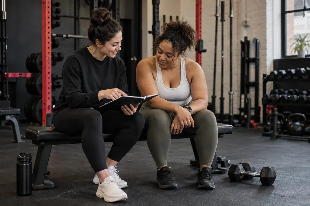 A coach and client having an encouraging conversation about a training plan