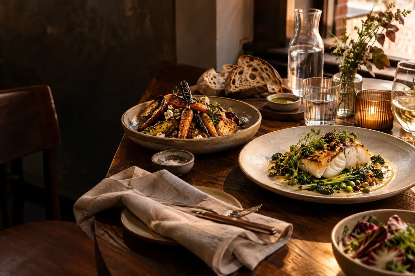 Seasonal dishes, sourdough and carefully set linen on a warm walnut restaurant table