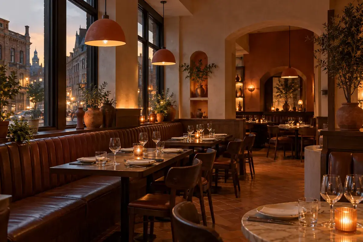 A cosy restaurant dining room with walnut seating, cream walls and warm terracotta lights