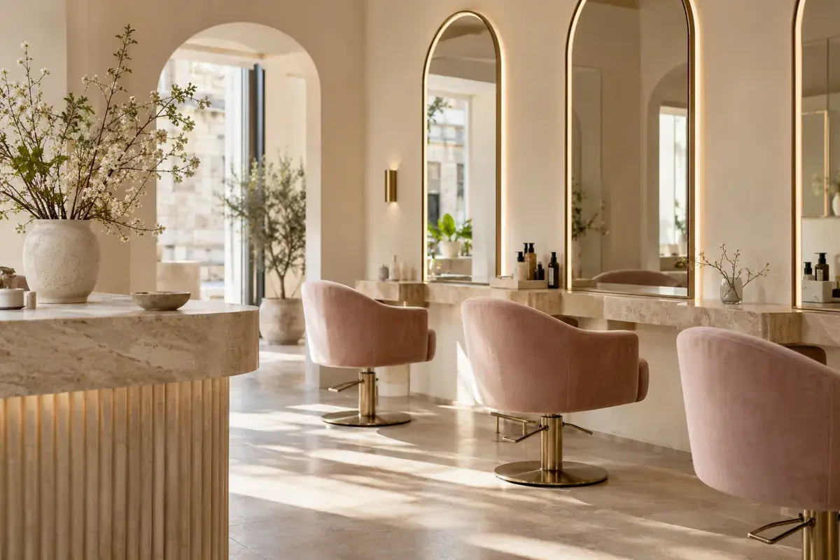Blush salon chairs, arched mirrors and a softly lit ivory studio