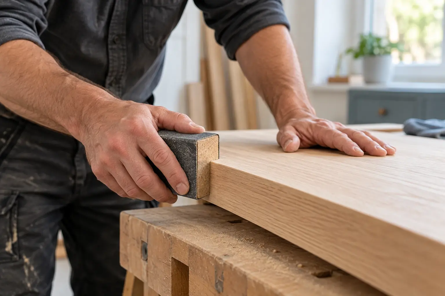 An illustrative carpenter carefully sanding a pale oak shelf in a tidy workshop