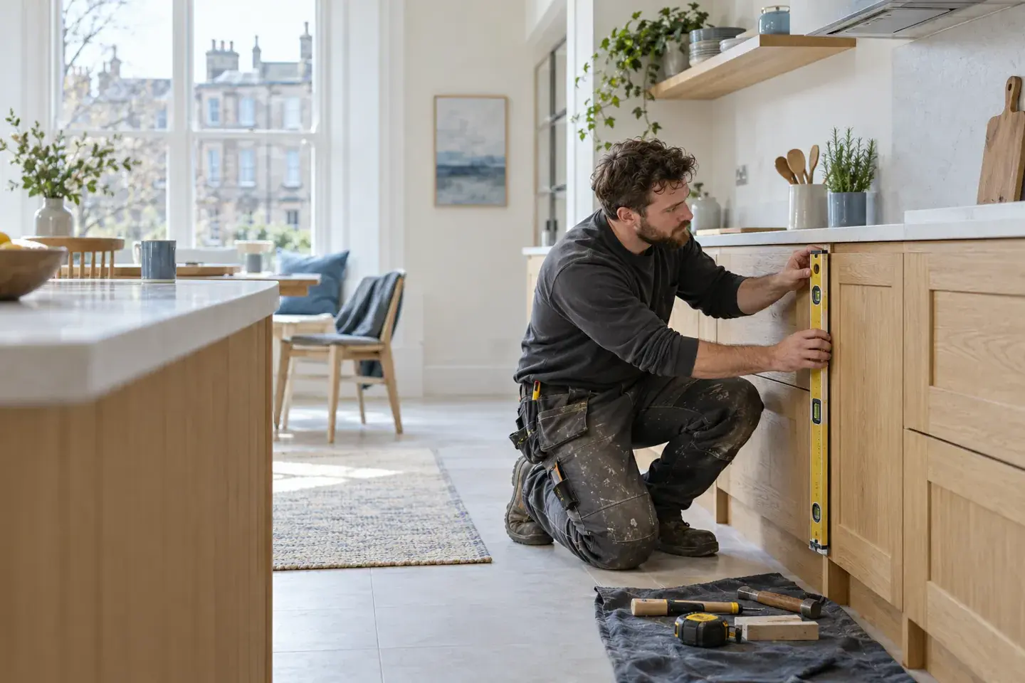 A joiner carefully checking a cabinet installation in a bright Glasgow home
