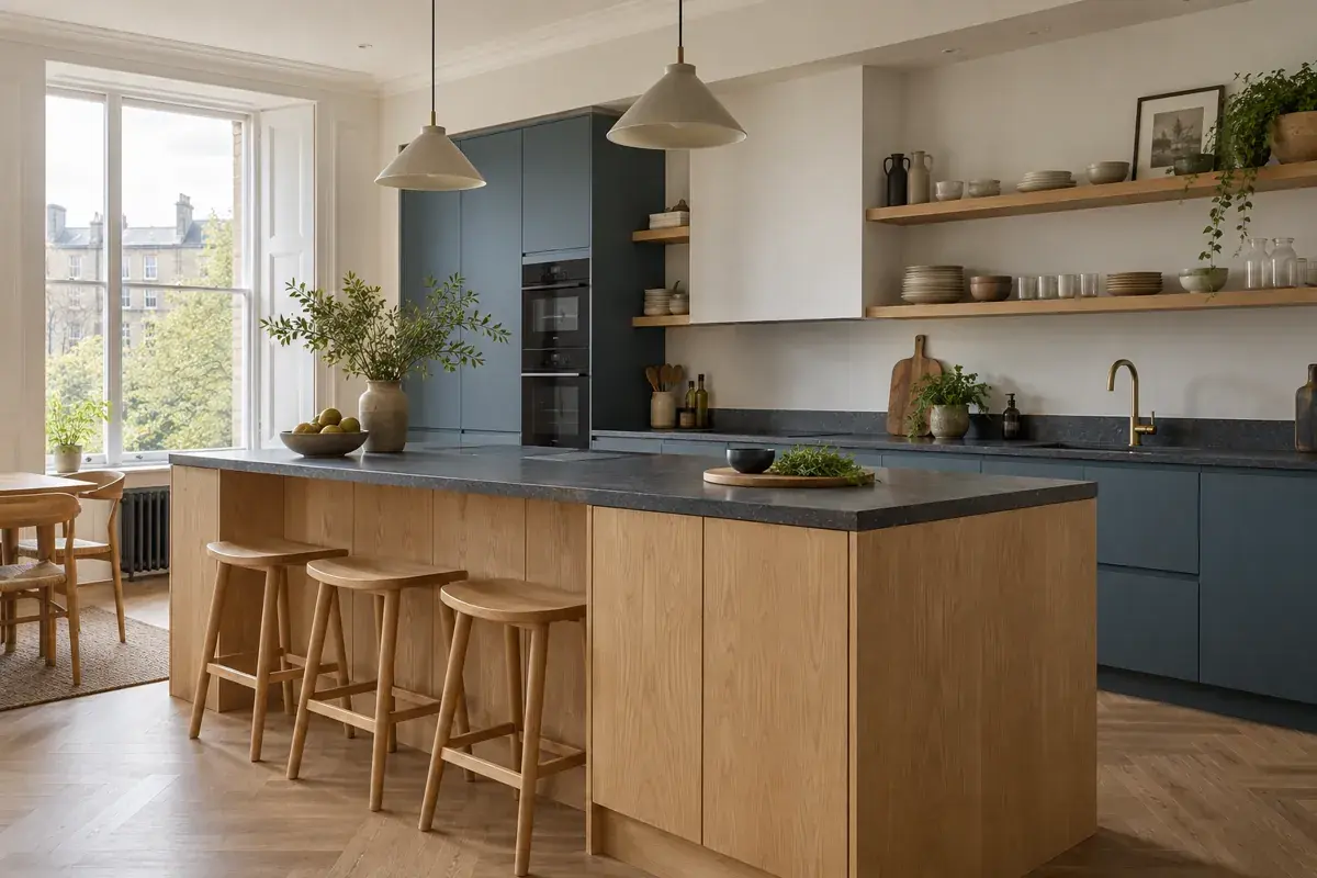 An illustrative kitchen with pale oak cabinetry, slate worktop and muted blue finishes