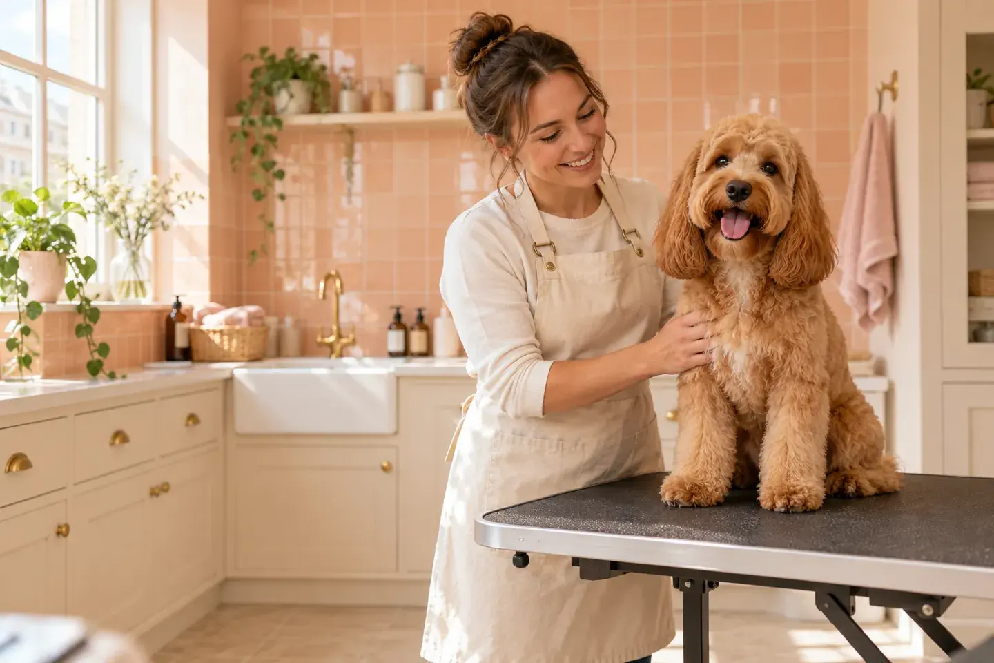 A cheerful cockapoo beside a gentle groomer in a cream and peach studio