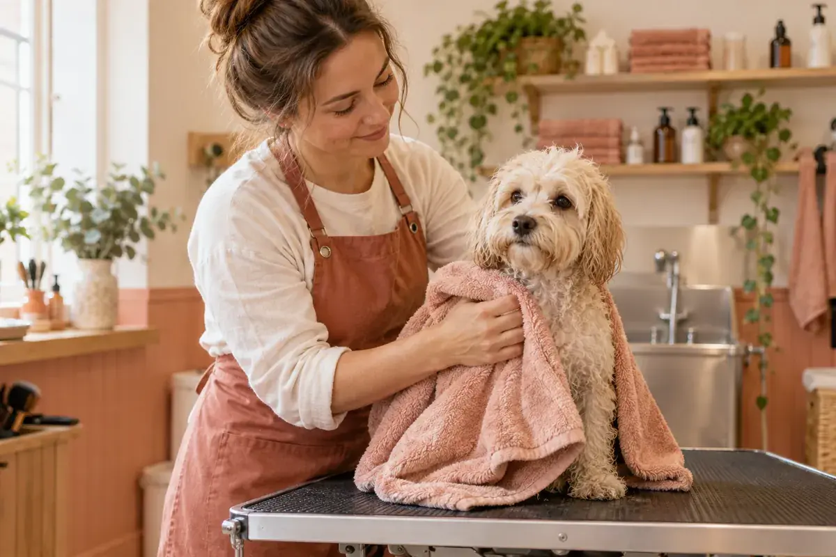 A groomer gently towelling a relaxed small dog in a bright peach studio